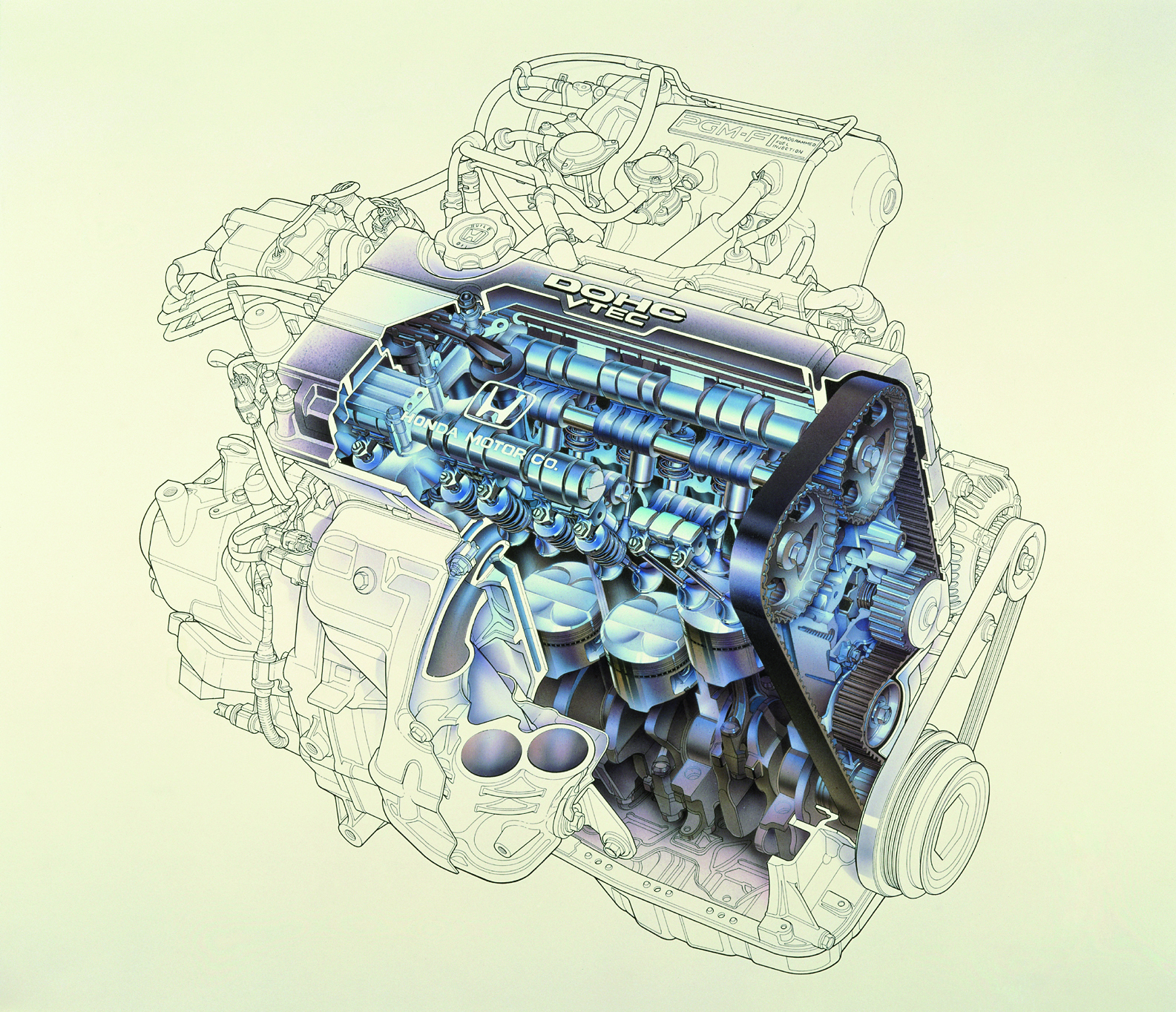 VTECは、バルブの開閉タイミングとリフト量をエンジンの回転数に応じて変化させ、吸排気量の調整を行なう可変バルブ機構のひとつ。初採用は1989年4月に搭載されたインテグラの1.6ℓエンジン