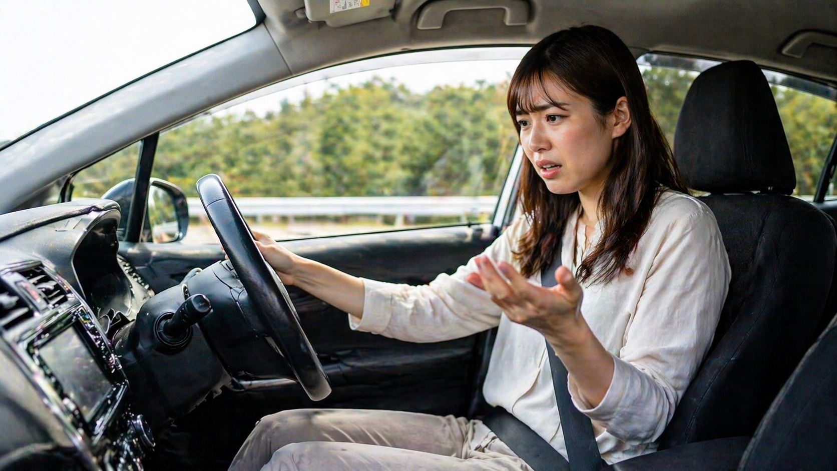 車のアクセルを踏んでも進まずに困惑している様子