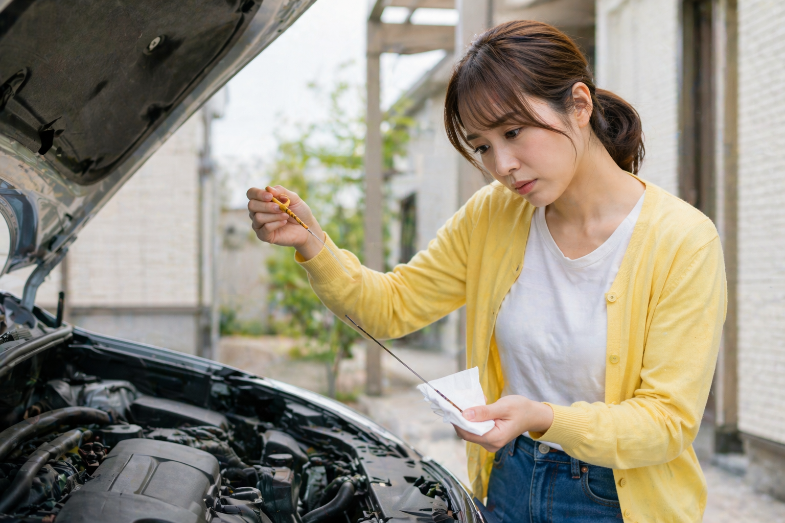 車のエンジンオイルの減りが早く点検している様子
