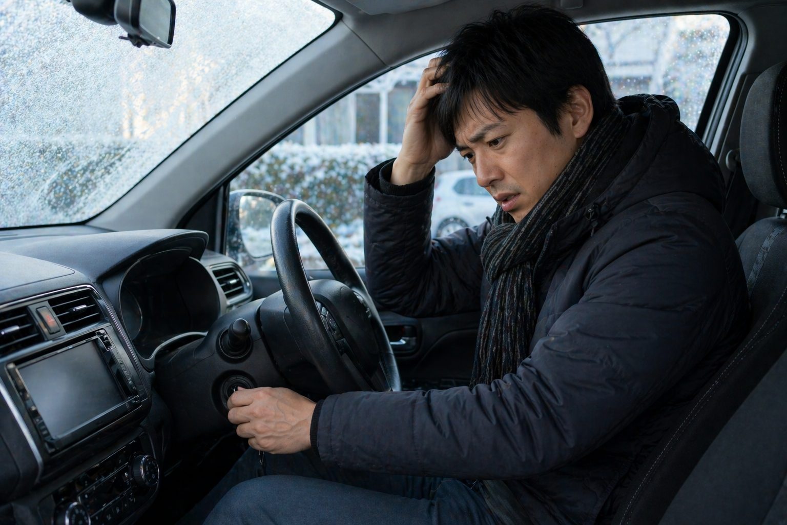 寒い朝に車のエンジンがかからず困っている様子