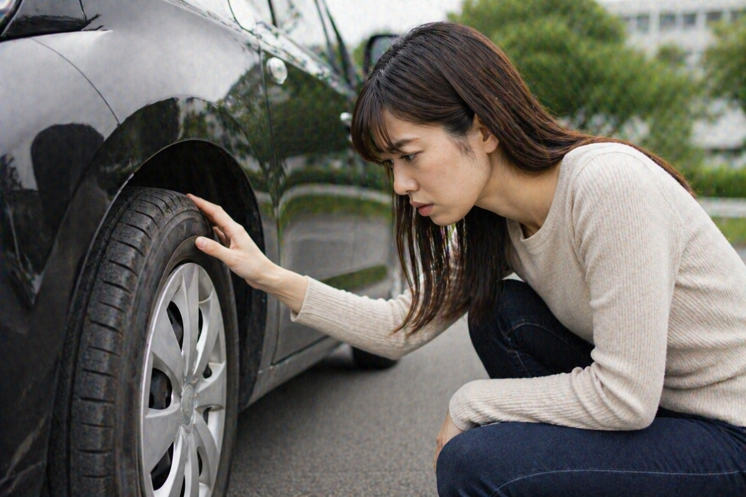 車のタイヤの寿命をチェックしている様子