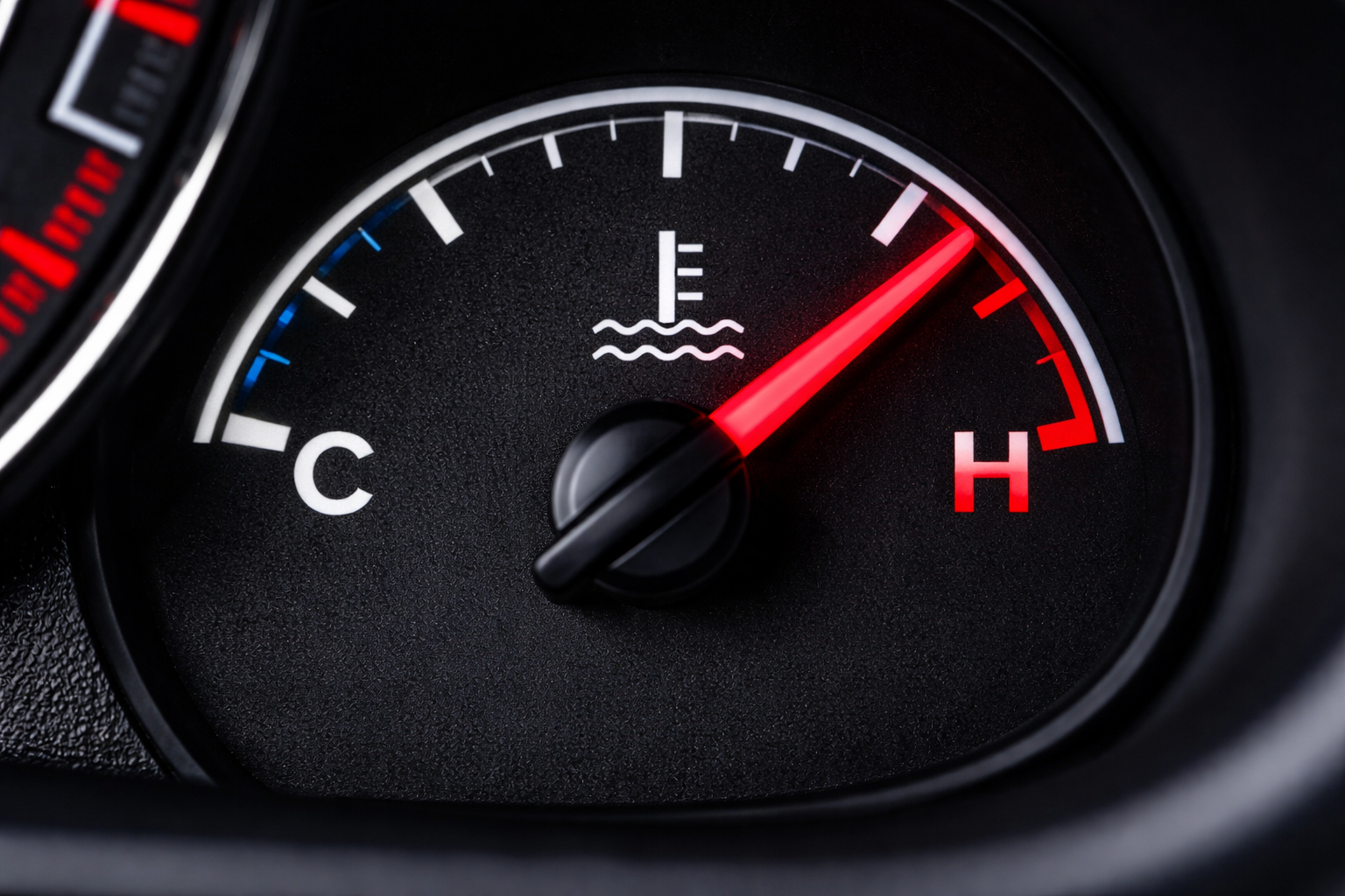 車のオーバーヒートで水温計がH付近を指している様子