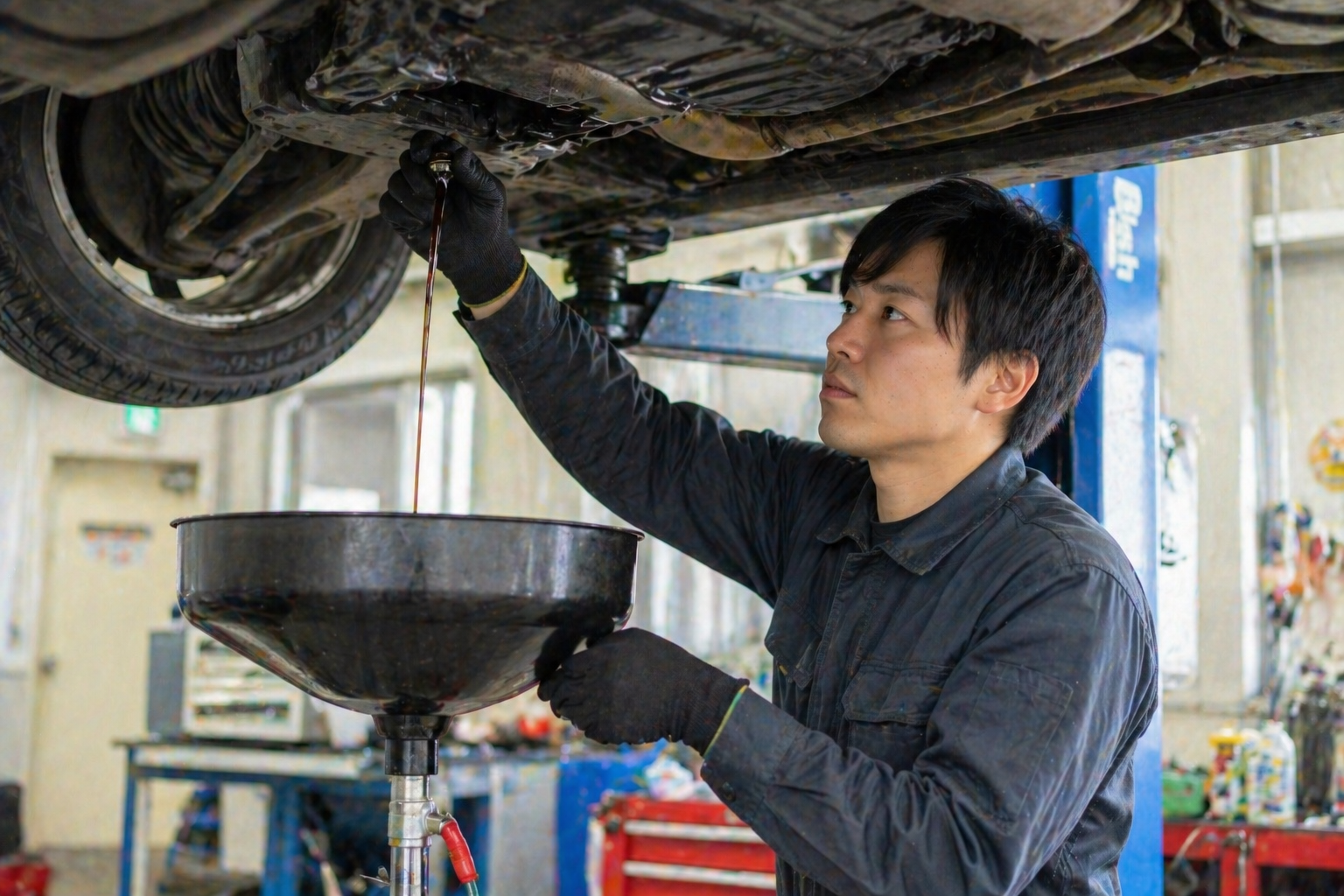 車のエンジンオイル交換の時期を判断している様子