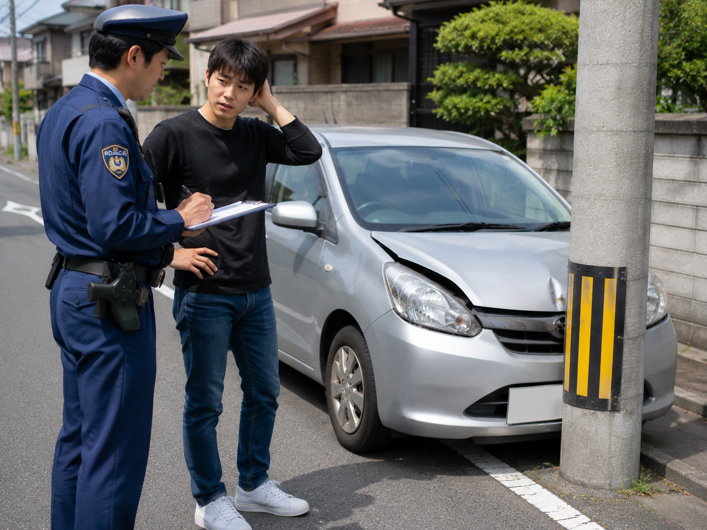 自損事故後の現場で警察通報と危険防止措置を行う様子