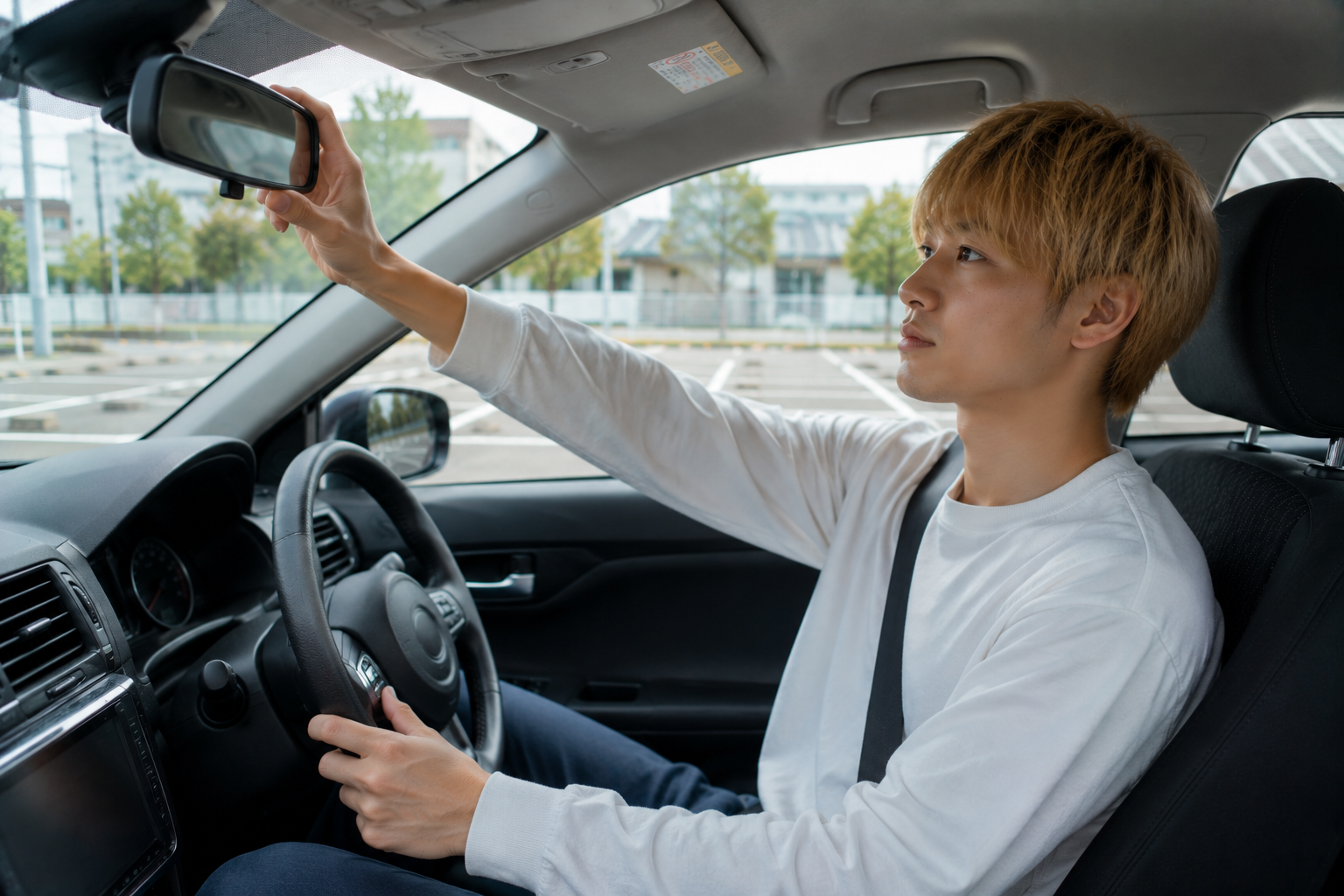 運転姿勢を整えてミラーを調整する初心者ドライバー