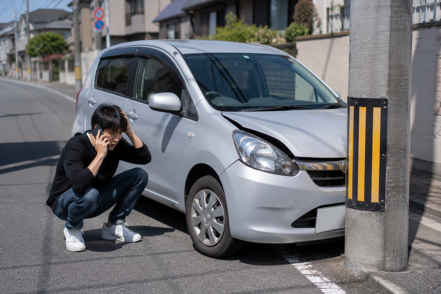 車で電柱に衝突した自損事故の様子