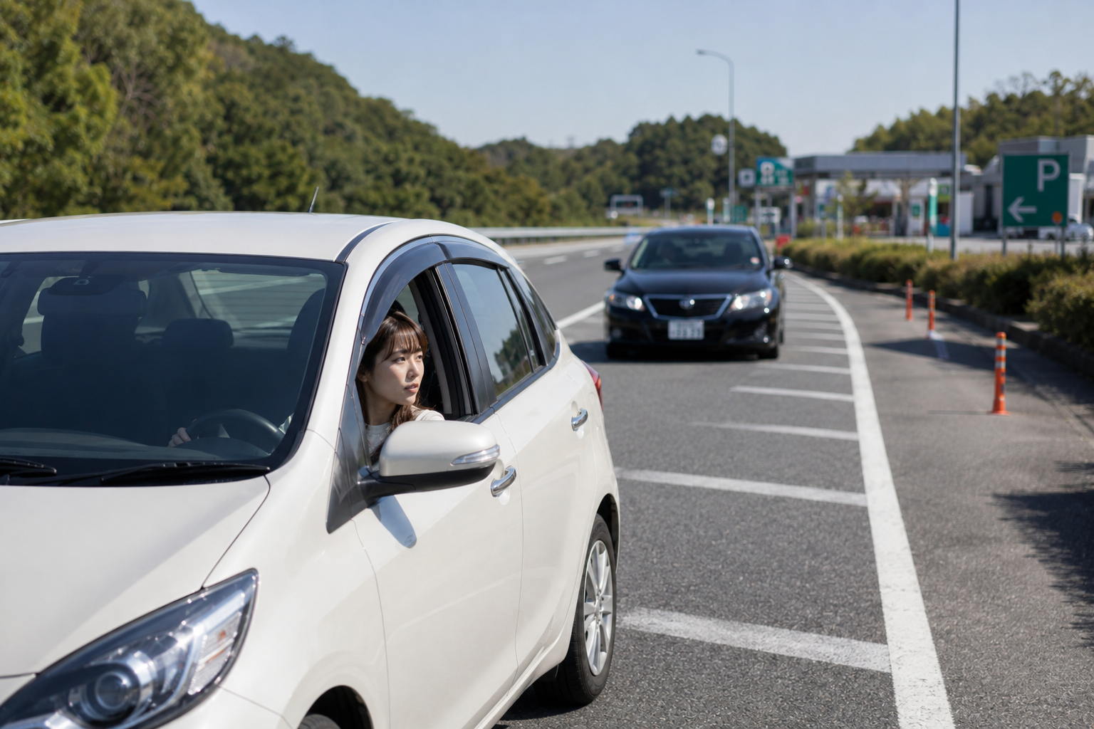 車のあおり運転を受けたときに安全な場所に避難する様子