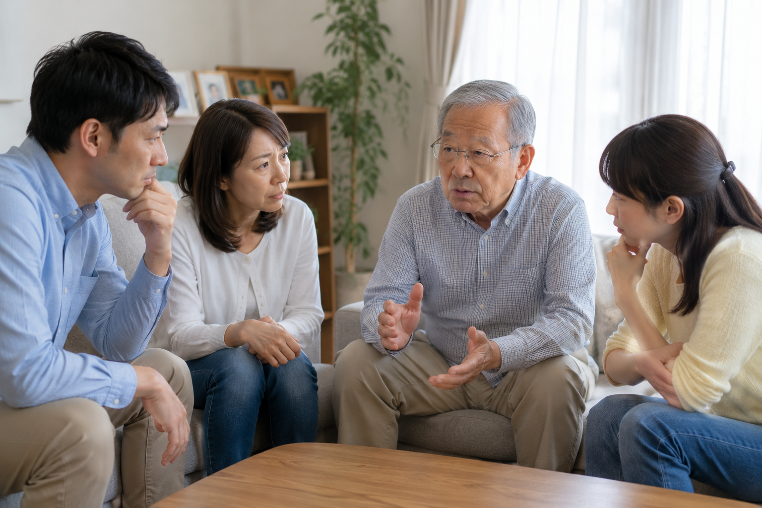 家族と高齢ドライバーが車の運転について話し合う様子