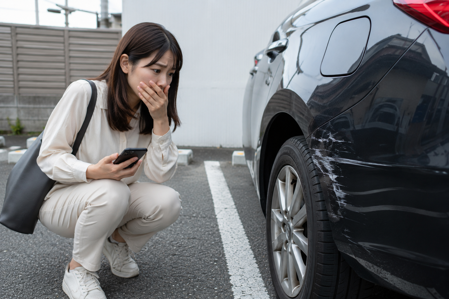 車の当て逃げ被害に気づいたドライバーの様子