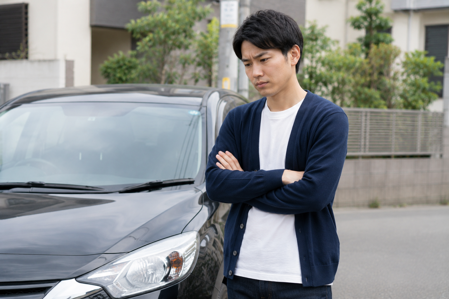 車の前で考え込む男性