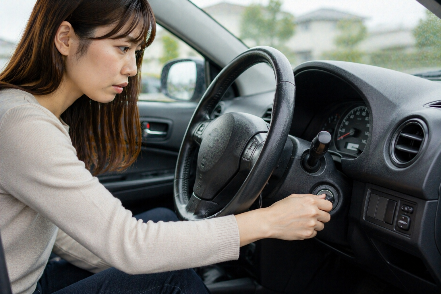 車のエンジンがかかりにくくて困っているドライバーの様子