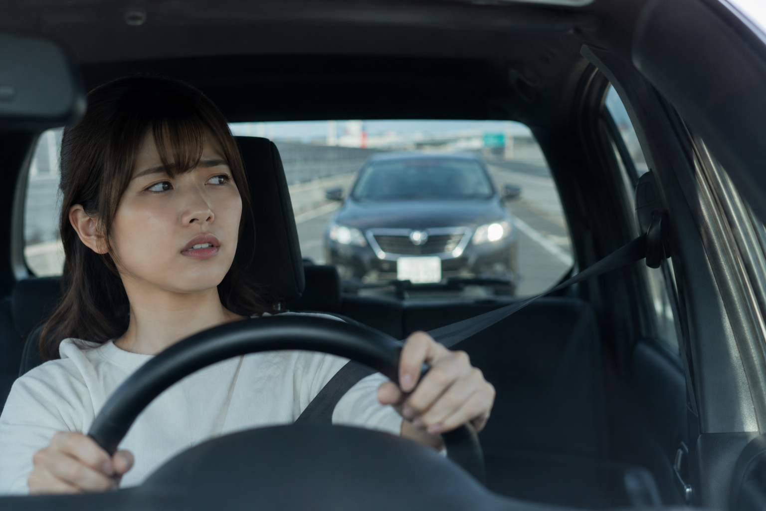 車のあおり運転を受けて困惑しているドライバーの様子