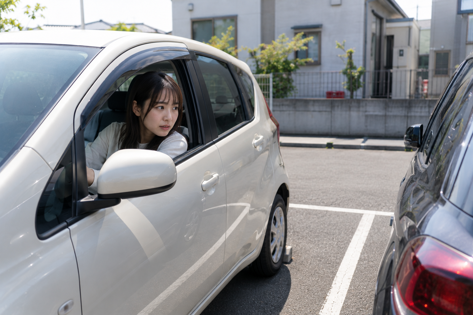 バック駐車でサイドミラーを確認しながら駐車スペースに入る車