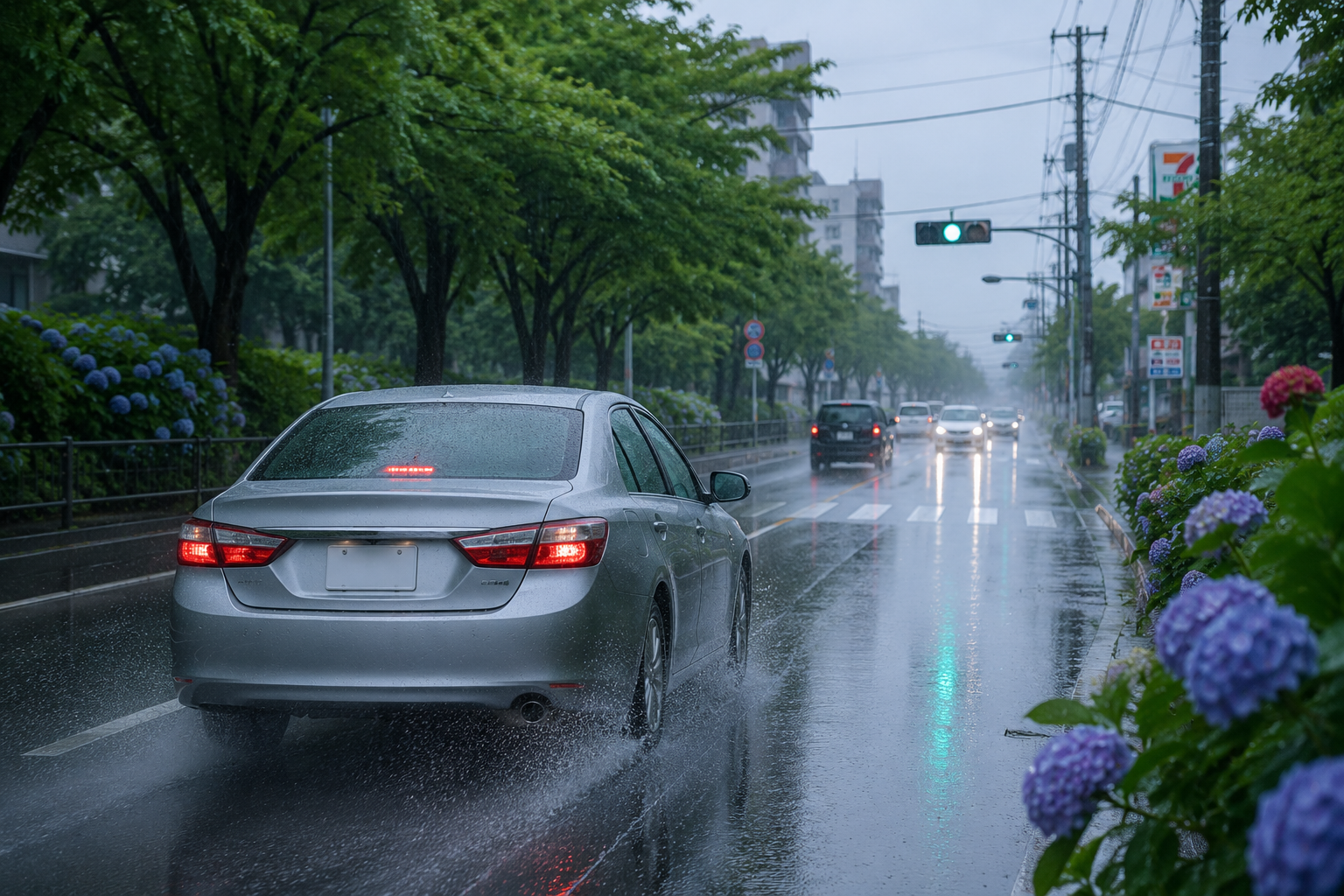 雨の日に走行する車