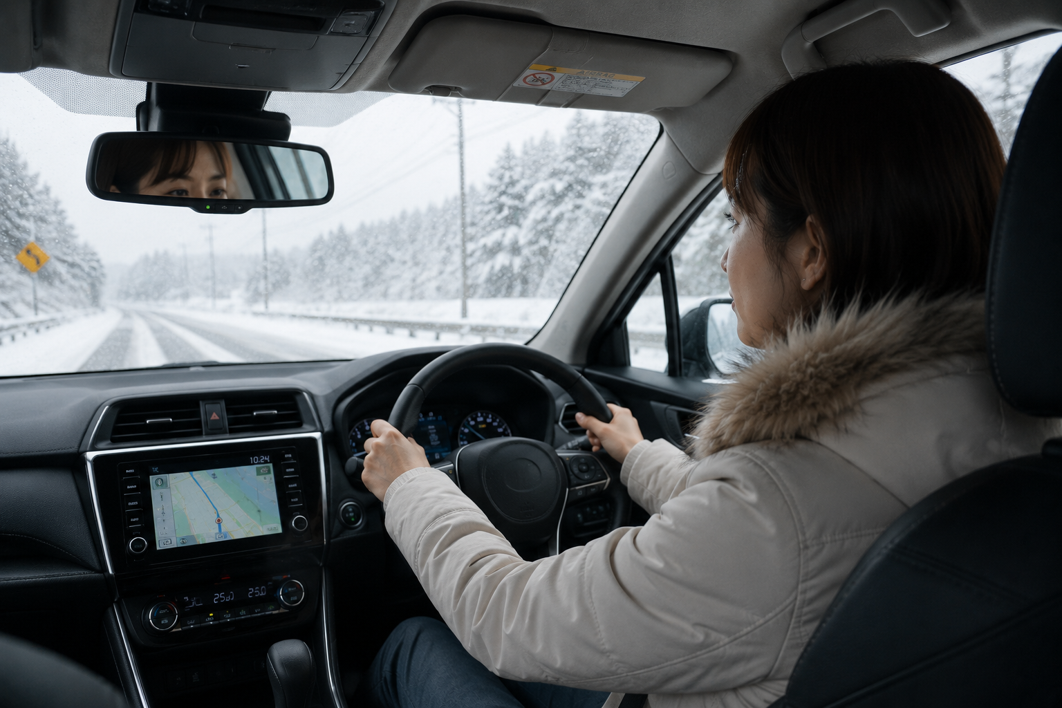 冬の雪道で安全運転をするドライバー